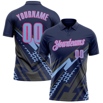 Custom Navy Light Blue Gray-Pink Lightning Geometric Performance Polo Shirt