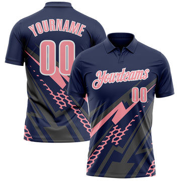 Custom Navy Medium Pink Gray-White Lightning Geometric Performance Polo Shirt