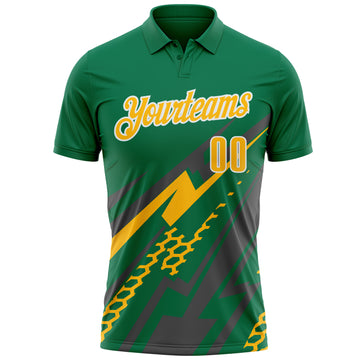 Custom Kelly Green Gold Gray-White Lightning Geometric Performance Polo Shirt
