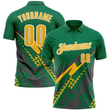 Custom Kelly Green Gold Gray-White Lightning Geometric Performance Polo Shirt
