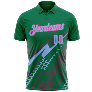 Custom Kelly Green Light Blue Gray-Pink Lightning Geometric Performance Polo Shirt