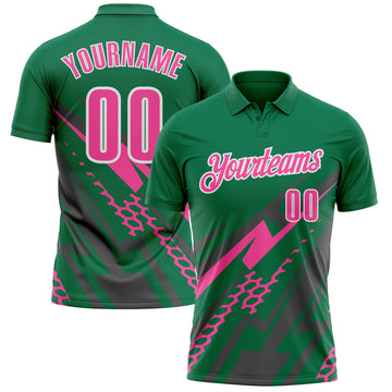 Custom Kelly Green Pink Gray-White Lightning Geometric Performance Polo Shirt