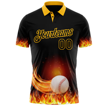 Custom Black-Gold Flame Baseball Fireball 3D Pattern Performance Polo Shirt