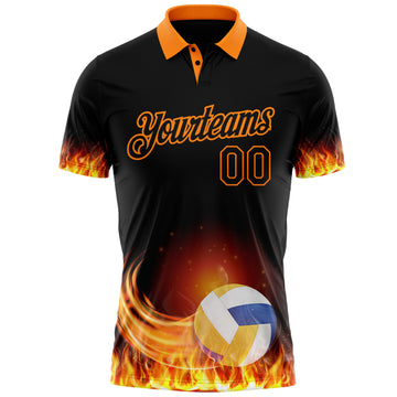 Custom Black-Bay Orange Flame Volleyball Ball 3D Pattern Performance Polo Shirt