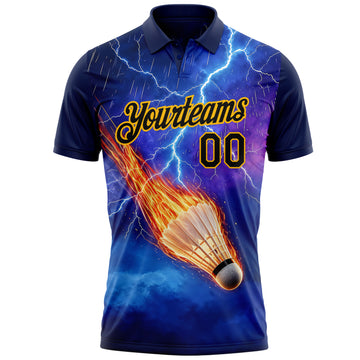 Custom Blue Black-Gold Flame Lightning Badminton Ball 3D Pattern Performance Polo Shirt