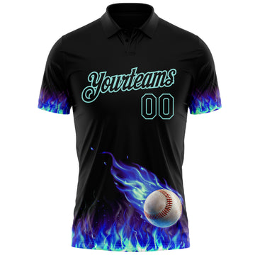 Custom Black-Ice Blue Flame Baseball Ball 3D Pattern Performance Polo Shirt