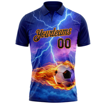 Custom Blue Black-Bay Orange Flame Lightning Soccer Ball 3D Pattern Performance Polo Shirt