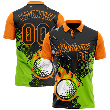 Custom Black Neon Green-Bay Orange Flame Golf Ball Splatter 3D Pattern Performance Polo Shirt