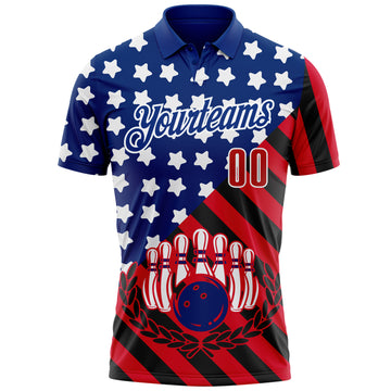 Custom Royal Red Black-White Patriotic American Flag Bowling Ball And Pins Strike Performance Polo Shirt