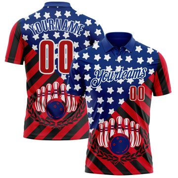 Custom Royal Red Black-White Patriotic American Flag Bowling Ball And Pins Strike Performance Polo Shirt