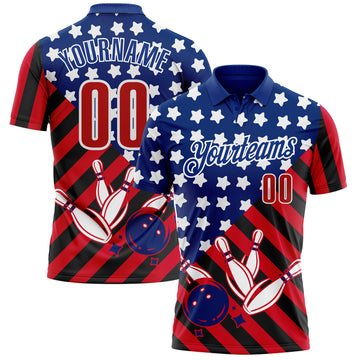 Custom Royal Red Black-White Patriotic American Flag Bowling Ball And Pins Strike Performance Polo Shirt