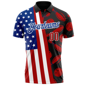Custom Black Red White-Royal Patriotic American Flag Bowling Ball And Pins Strike Performance Polo Shirt