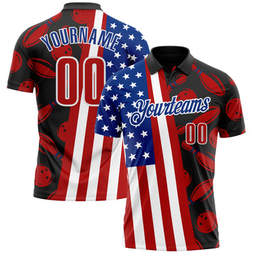 Custom Black Red White-Royal Patriotic American Flag Bowling Ball And Pins Strike Performance Polo Shirt