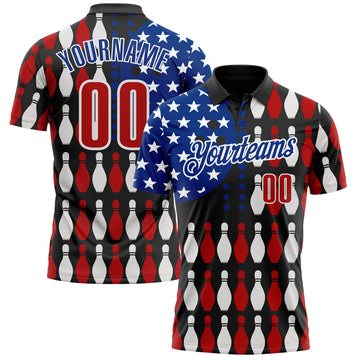 Custom Black Red White-Royal Patriotic American Flag Bowling Ball And Pins Performance Polo Shirt