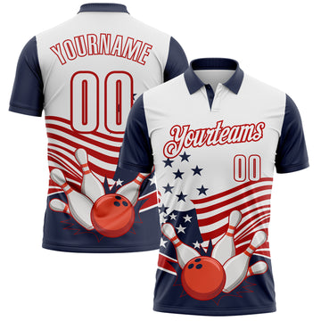 Custom White Navy-Red Patriotic American Flag Bowling Ball And Pins Strike Performance Polo Shirt