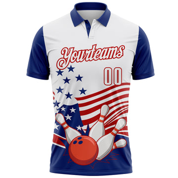 Custom White Royal-Red Patriotic American Flag Bowling Ball And Pins Strike Performance Polo Shirt