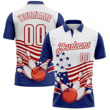 Custom White Royal-Red Patriotic American Flag Bowling Ball And Pins Strike Performance Polo Shirt