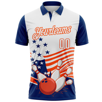 Custom White US Navy Blue-Orange Patriotic American Flag Bowling Ball And Pins Strike Performance Polo Shirt