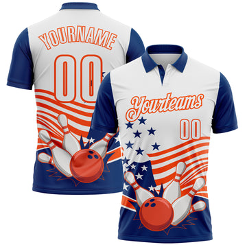 Custom White US Navy Blue-Orange Patriotic American Flag Bowling Ball And Pins Strike Performance Polo Shirt