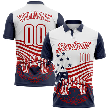 Custom White Navy-Red Patriotic American Flag Bowling Ball And Pins Strike Performance Polo Shirt