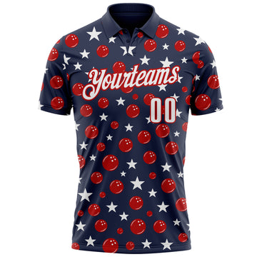 Custom Navy White-Red Patriotic Stars Bowling Balls Performance Polo Shirt