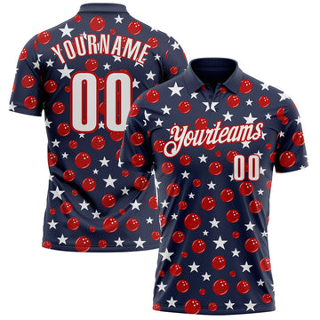 Custom Navy White-Red Patriotic Stars Bowling Balls Performance Polo Shirt