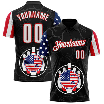 Custom Black White Royal-Red Patriotic American Flag Bowling Ball And Pins Performance Polo Shirt