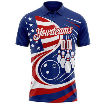 Custom Royal White-Red Patriotic American Flag Bowling Ball And Pins Performance Polo Shirt