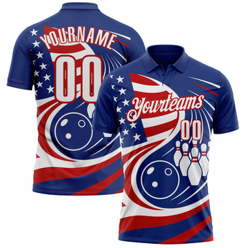 Custom Royal White-Red Patriotic American Flag Bowling Ball And Pins Performance Polo Shirt
