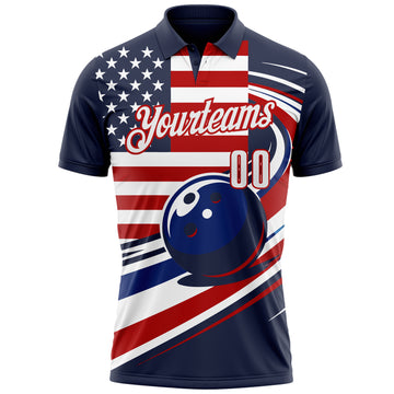 Custom Navy White Royal-Red Patriotic American Flag Bowling Ball Performance Polo Shirt