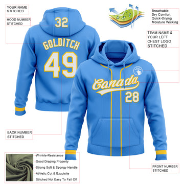 Custom Stitched Powder Blue White-Yellow Baseball Pullover Sweatshirt Hoodie