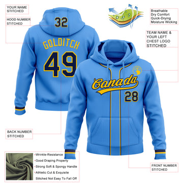Custom Stitched Powder Blue Navy-Yellow Baseball Pullover Sweatshirt Hoodie