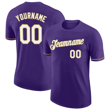 Custom Purple White-Old Gold Performance T-Shirt