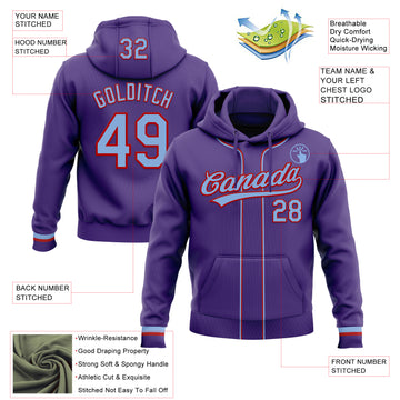 Custom Stitched Purple Light Blue-Red Baseball Pullover Sweatshirt Hoodie