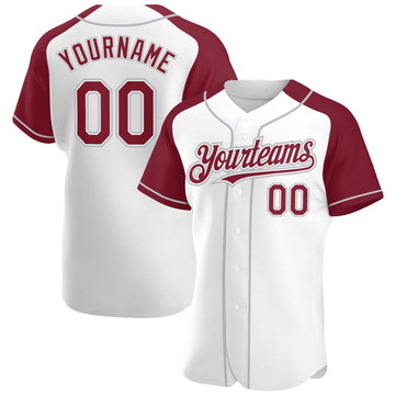 Custom White Crimson-Gray Authentic Raglan Sleeves Baseball Jersey