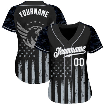 Custom Black White-Gray Camo Raglan Sleeves American Flag Eagle Patriotic Authentic Baseball Jersey