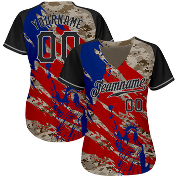 Custom Camo Black Red-Gray American Flag Statue Of Liberty Patriotic Splatter Raglan Sleeves Authentic Baseball Jersey