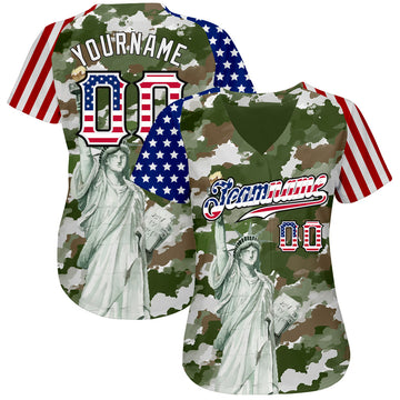 Custom Camo USA Flag Red Blue Black-White Statue Of Liberty Patriotic Stars & Stripes Raglan Sleeves Authentic Baseball Jersey