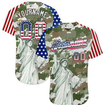 Custom Camo USA Flag Red Blue Black-White Statue Of Liberty Patriotic Stars & Stripes Raglan Sleeves Authentic Baseball Jersey