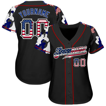 Custom Black USA Flag Red-White Patriotic Camo Raglan Sleeves Authentic Baseball Jersey