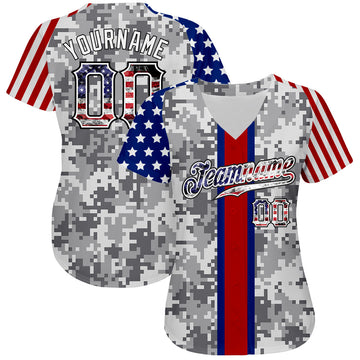 Custom Camo USA Flag Red Blue Black-White Patriotic Pixel Camouflage Stars & Stripes Raglan Sleeves Authentic Baseball Jersey