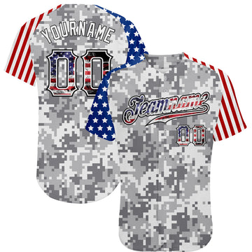 Custom Camo USA Flag Red Blue Black-White Patriotic Pixel Camouflage Stars & Stripes Raglan Sleeves Authentic Baseball Jersey