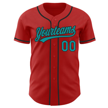 Custom Red Teal-Black Authentic Baseball Jersey