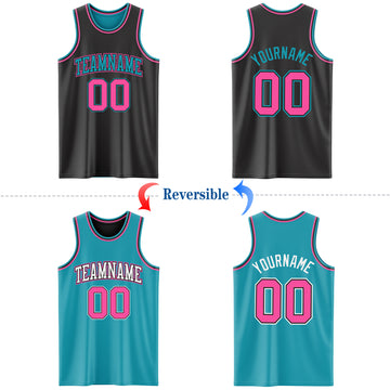 Custom Reversible Black Pink-Teal Double Side Basketball Jersey