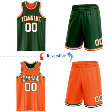 Custom Reversible Green White-Orange Double Side Sublimation Basketball Suit Jersey