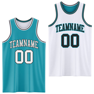 Custom Reversible Teal White-Black Double Side Basketball Jersey