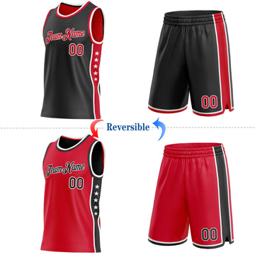 Custom Reversible Black Red-White Double Side Star Sublimation Basketball Suit Jersey