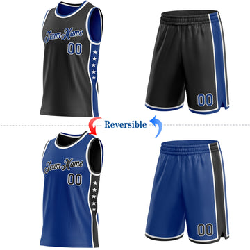 Custom Reversible Black Royal-White Double Side Star Sublimation Basketball Suit Jersey