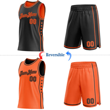Custom Reversible Black Orange Double Side Star Sublimation Basketball Suit Jersey
