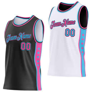 Custom Reversible Black Pink-Sky Blue Double Side Star Sublimation Basketball Suit Jersey